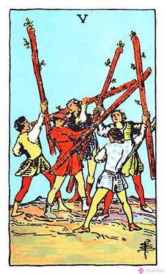 Significado del Cinco de Bastos - Representación original del Tarot Rider Waite
